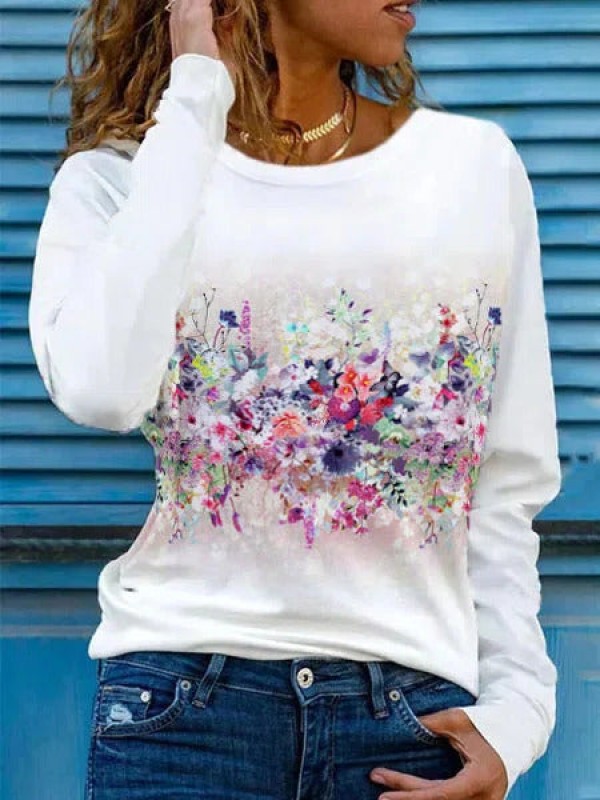 Round Neck Floral Long Sleeves Casual Sweatshirt