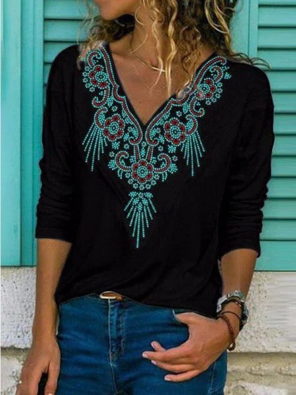 V Neck Tribal Casual Mexican Blouse