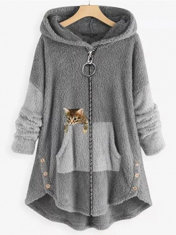 Color Block Winter Women Plush Cat Hooded Coat