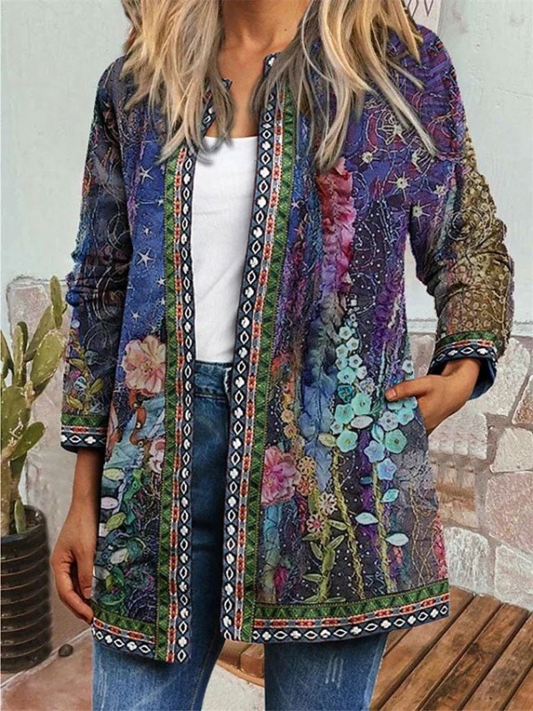 Floral Pocketed Print Crew Neck Long Sleeves Cardigan