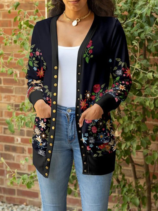 Floral Print Cape Collar Long Sleeve Vacation Casual Knit coat