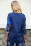 Blue Fashion Vneck Oversized Printed Long Sleeve T-shirt With Contrasting Colors