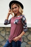 Red Casual plaid print round neck Tshirt with pocket