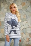 Black Cartoon Cat Print Striped Oneck Long Sleeve Sweatshirt