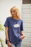 Navy Blue Casual Floral Print Cotton Short Sleeve Shirts & Tops