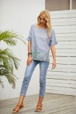 Gray Round Neck Casual Floral Linen Shirts & Tops