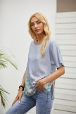 Gray Round Neck Casual Floral Linen Shirts & Tops