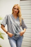 Gray Casual Print Feather V-neck Short Sleeves Blouse