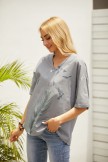 Gray Casual Print Feather V-neck Short Sleeves Blouse