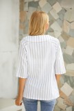 White Lapel Stripe Short Sleeve Casual Blouse