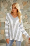 Gray V-Neck Long Sleeve Striped Casual Sweaters