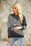 Black Cat Print Patch Striped Long Sleeves Hooded Sweatshirts