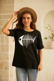 Black Print Fish Bone Casual Short Sleeve Cute T-Shirt