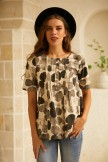Coffee Printed Polka Dots Round Neck Casual Short Sleeves Blouse 