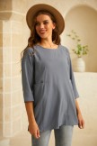 Casual 3/4 Sleeve Round Neck Pockets Cotton Blend Blouse 