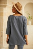 Casual 3/4 Sleeve Round Neck Pockets Cotton Blend Blouse 