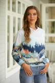 Ladies Mountain Treetop Print Hooded Sweatshirt