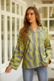Yellow Casual Long Sleeves Print V-Neck Blouse 