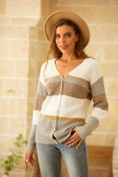 White Casual V-Neck Stripe Buttons Long Sleeves Sweater