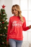 Red Ladies Christmas Believe Print Long Sleeves Sweatshirt
