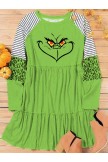 Women's Christmas Grinch Green Monster Funny Face Leopard Stripe Print Dress