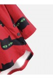 Cartoon Cat Print Side Button Long Sleeve Coat