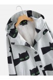 Cartoon Cat Print Long Sleeve Hooded Coat