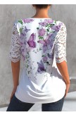 Lace Stitching White Butterfly Print T Shirt