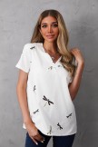 White Dragonfly Printed V neck Casual Short Sleeves Shirt Top
