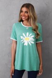 Green Short Sleeve Floral Print Casual Crew Neck Shirts & Tops