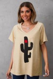 Khaki Cotton Cactus Print Casual V-neck Short Sleeves T-shirt