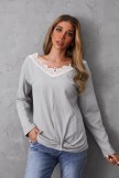 Grey V-Neck Lace Patchwork Long Sleeves Sweater For Women