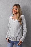 Grey V-Neck Lace Patchwork Long Sleeves Sweater For Women