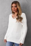 White V-Neck Solid Elegant Long Sleeve Sweater For Tops