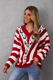 Red V-neck Stripes Long Sleeve Casual Sweatr For Women