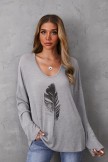 Gray Long Sleeve Casual CottonBlend V-neck Feather Shirt
