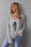 Gray Long Sleeve Casual CottonBlend V-neck Feather Shirt