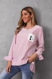 Red O-neck Stripe with Pockets Cat Vintage Long Sleeve Blouse