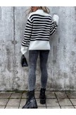 Women's Pullover Sweater Jumper Ribbed Knit Patchwork Shirt Collar Striped Stylish Casual Fall Winter Black