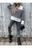 Women's Pullover Sweater Jumper Ribbed Knit Patchwork Shirt Collar Striped Stylish Casual Fall Winter Black