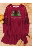 Sequined Merry And Bright Plaid Leopard Trees Mini Dress  Red