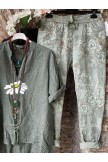 Army Green Retro V Neck Floral Cotton Blended Suits