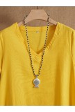 Yellow V-neck Solid Summer Casual Cotton Blend Sleeves Short Dress