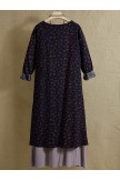 Blue Round Neck Floral Printed Two Layers Long Sleeve Vintage Dresses