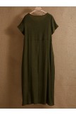 Army Green Round Neck Solid Pockets Casual Short Sleeves Summer Maxi Dress