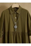 Army Green Collared Solid Buttons Casual Basic Long Sleeves Summer Midi Shirt Dress