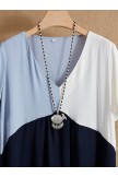 Blue V-neck Geometric Patchwork Casual Holiday Short Sleeves Holiday Midi Dress