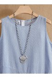 Deep Blue Round Neck Stripe Print Casual Holiday Sleeveless Summer Maxi Dress