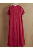 Red V-neck Patchwork Print Casual Split Short Sleeves Maxi Dress