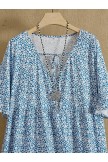 Sky Blue Women  V-neck Floral Print Casual Boho Short Sleeves Short Dress